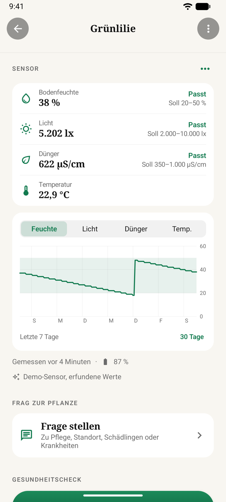Pflanzensensor mit Messwerten und Verlauf