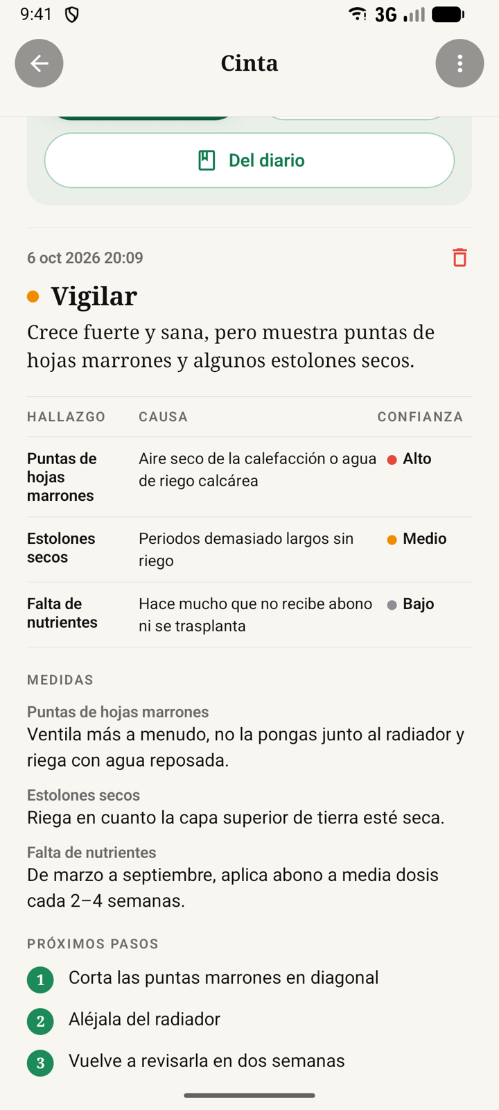 Revisión de salud en forma de tabla