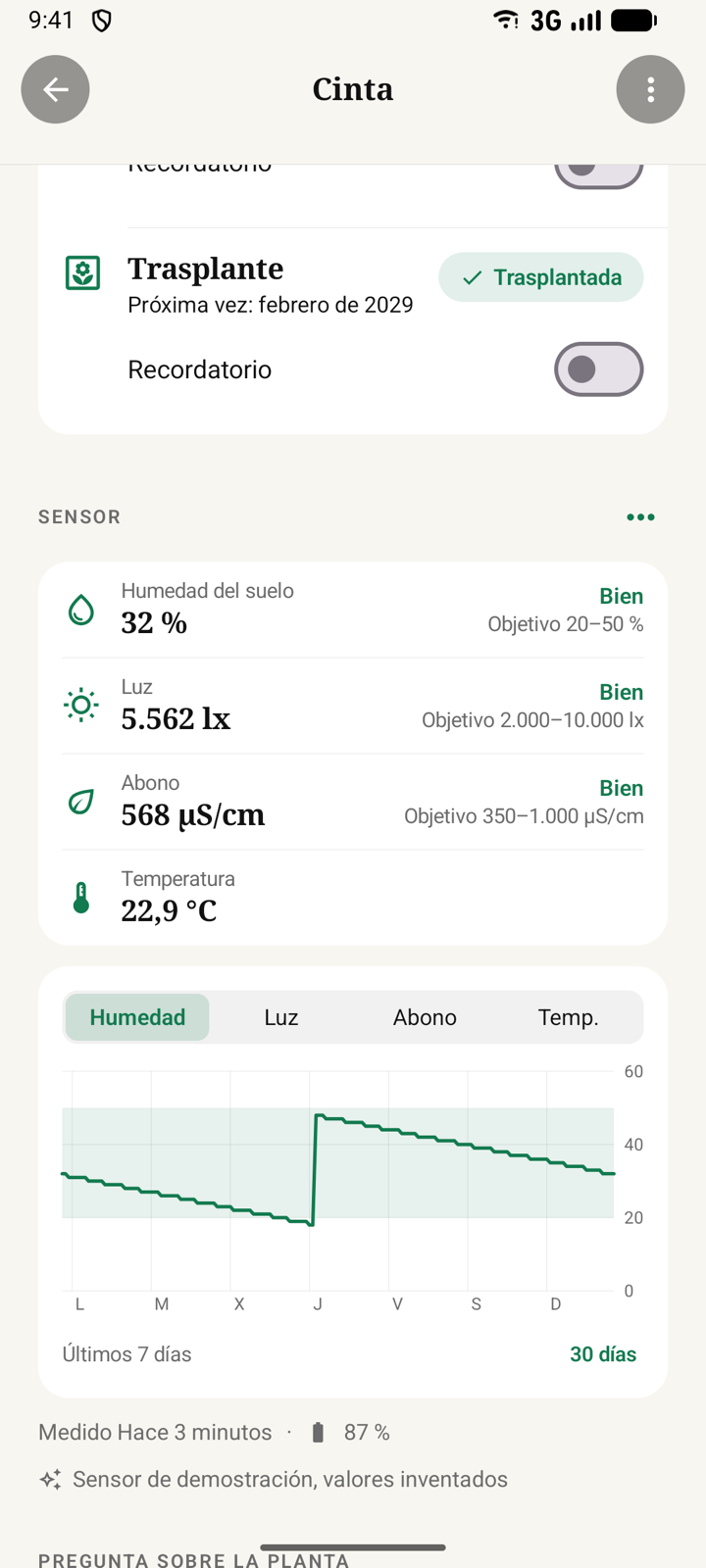 Sensor de planta con mediciones e historial