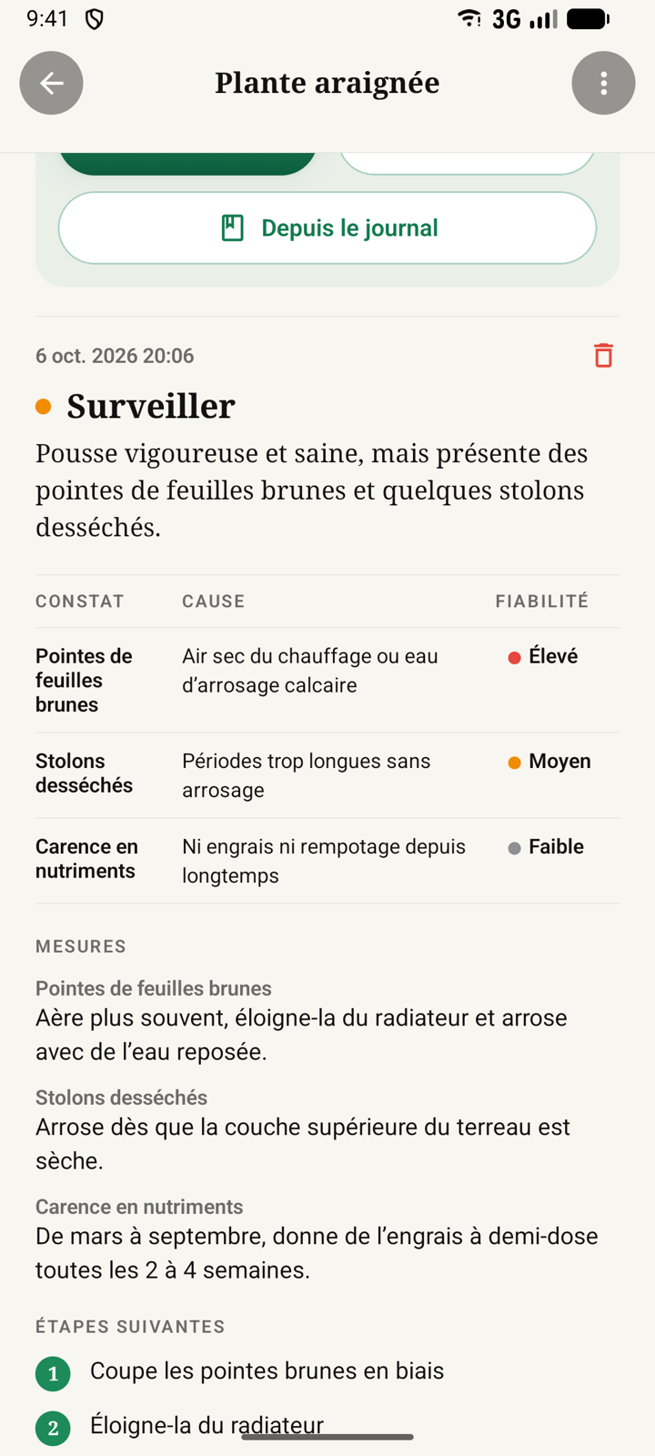 Bilan de santé sous forme de tableau