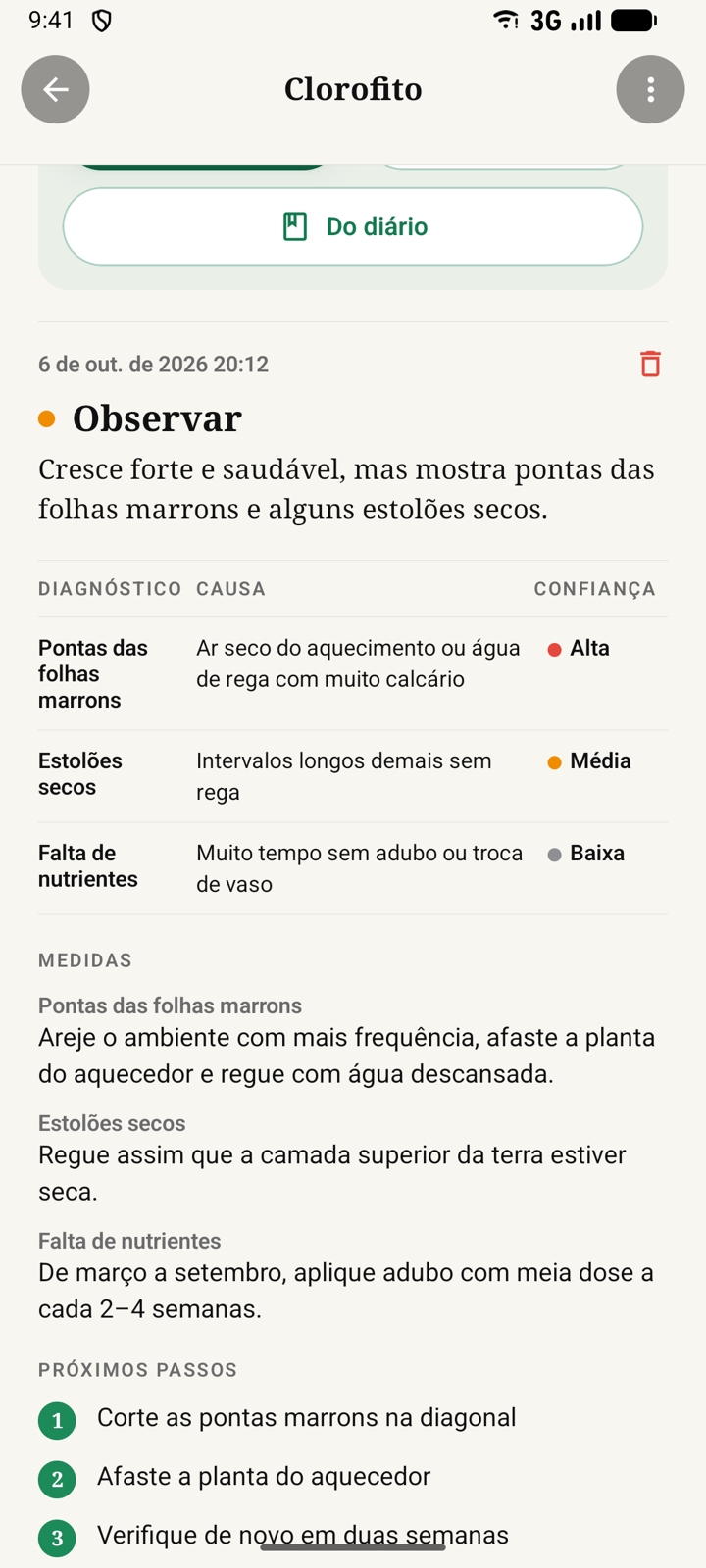 Checkup de saúde em forma de tabela