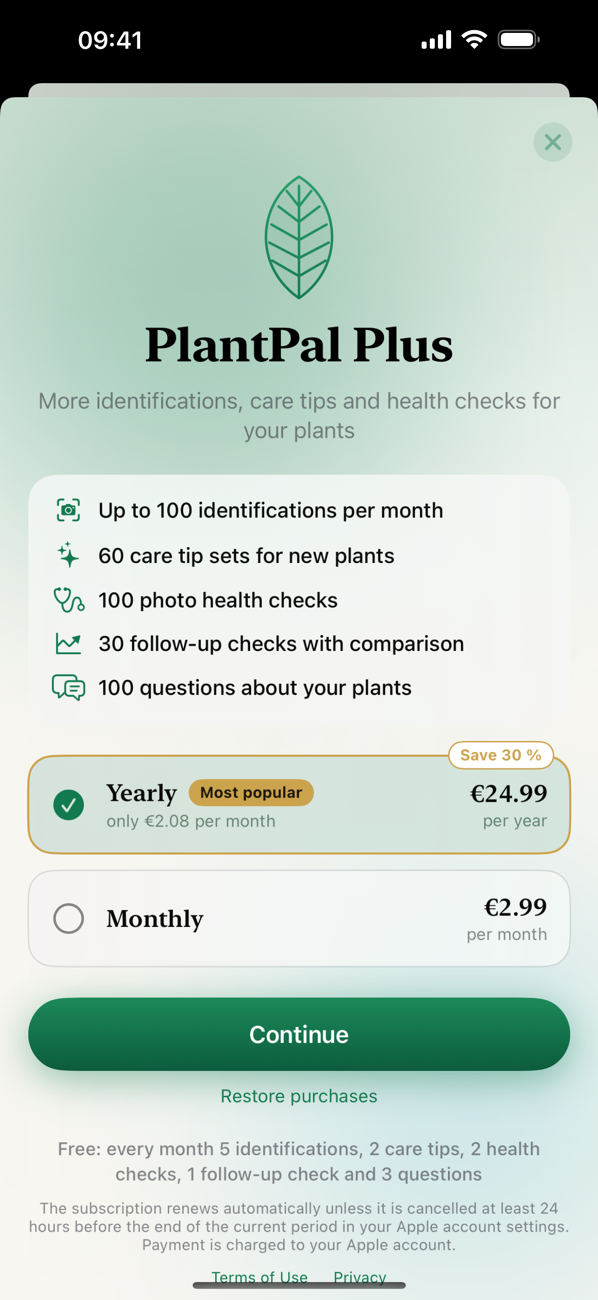 PlantPal Plus: start free, upgrade when you need more
