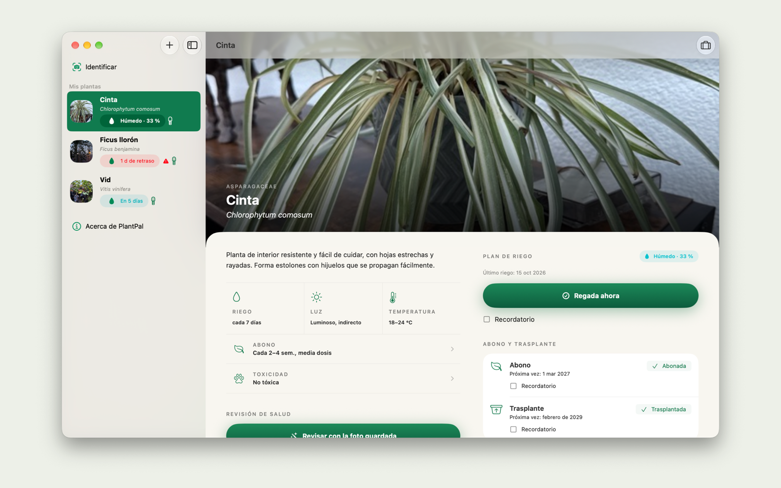 Página de la planta en el Mac con la barra lateral