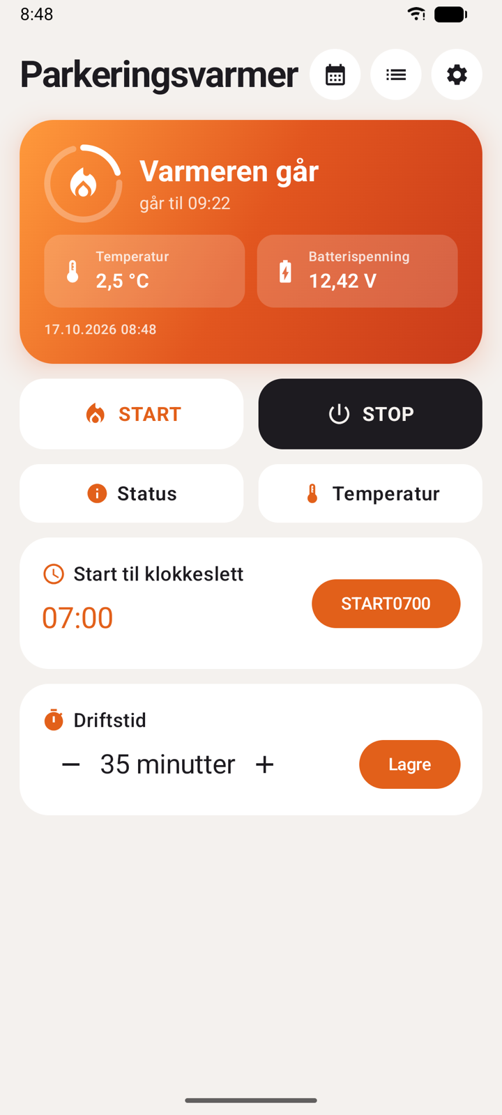 Status og kommandoer